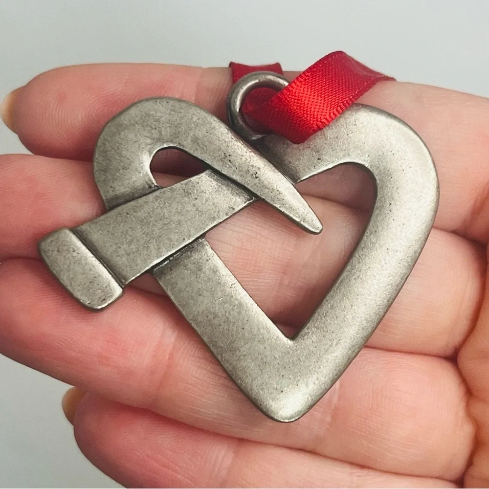 silver‎ tone 2 inch metal twisted nail heart figurine ornament red ribbon
